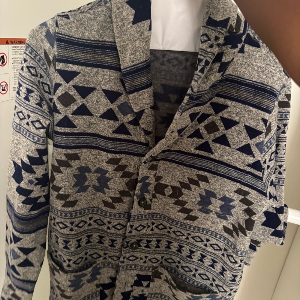 Junk Food Clothing Gray and Blue Geometric Cardigan